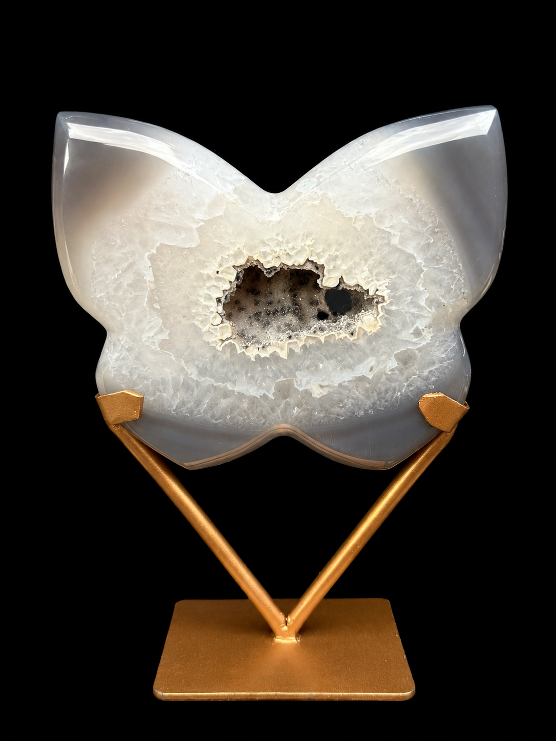 Grey Agate Butterfly with Druzy Centre | Includes Gold Display Stand | 515g
