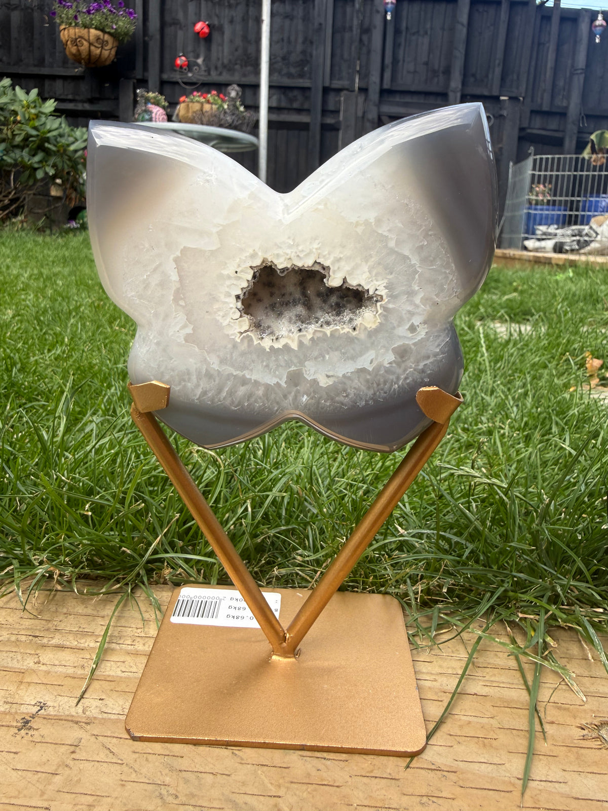 Grey Agate Butterfly with Druzy Centre | Includes Gold Display Stand | 515g