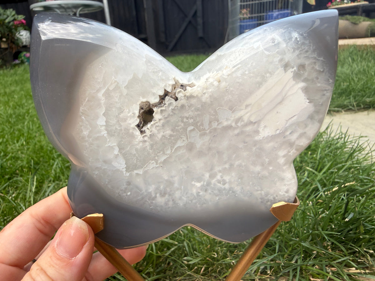 Grey Agate Butterfly with Druzy Centre | Includes Gold Display Stand | 515g