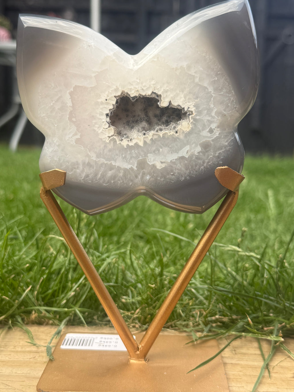 Grey Agate Butterfly with Druzy Centre | Includes Gold Display Stand | 515g