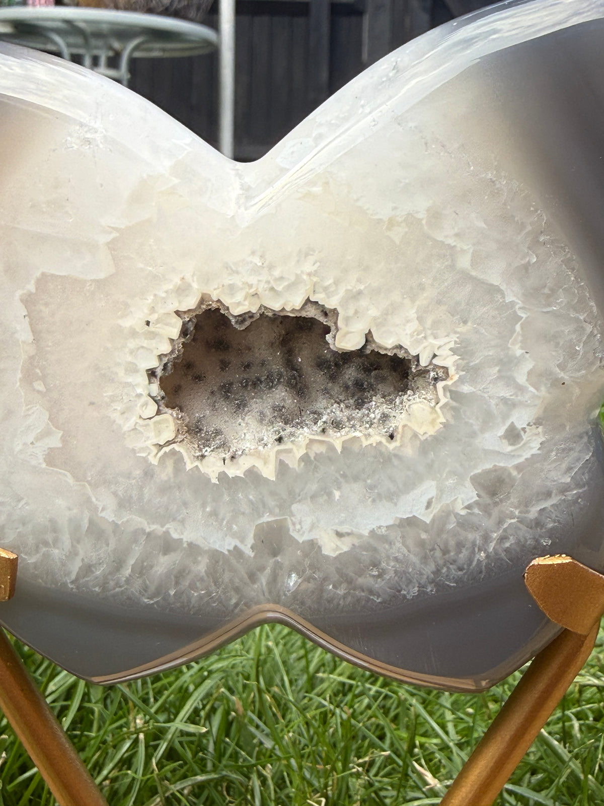 Grey Agate Butterfly with Druzy Centre | Includes Gold Display Stand | 515g