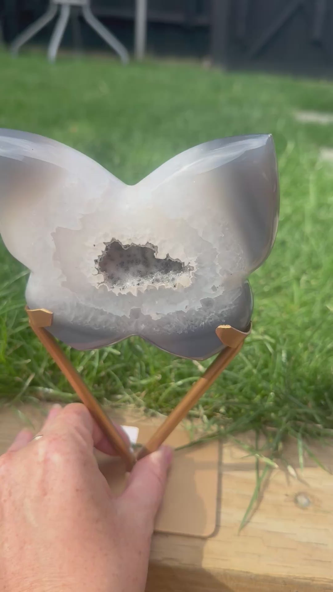 Grey Agate Butterfly with Druzy Centre | Includes Gold Display Stand | 515g